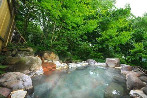 모리노유 산세이칸 숲으로 둘러싸인 지붕 없는 바위 노천탕 「森の湯」