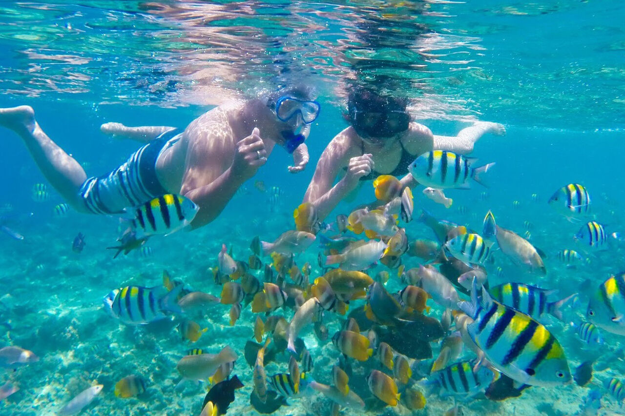 나트랑 미니비치의 에메랄드빛 바다와 스노클링을 즐기는 여행객들