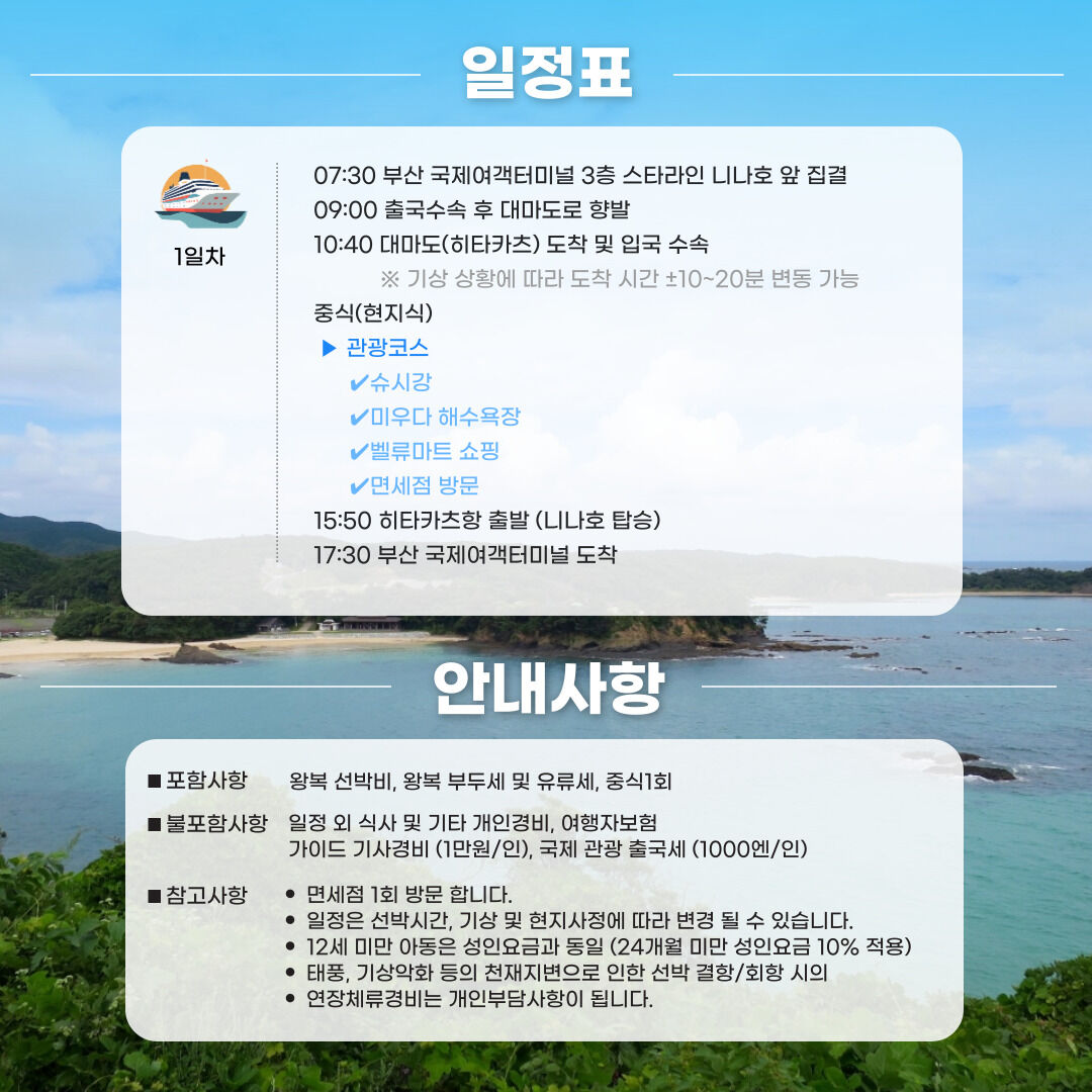 대마도 니나호 당일 패키지 (6~9월 출발 히타카츠 출도착)