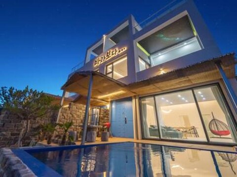 Looking at the pool villa