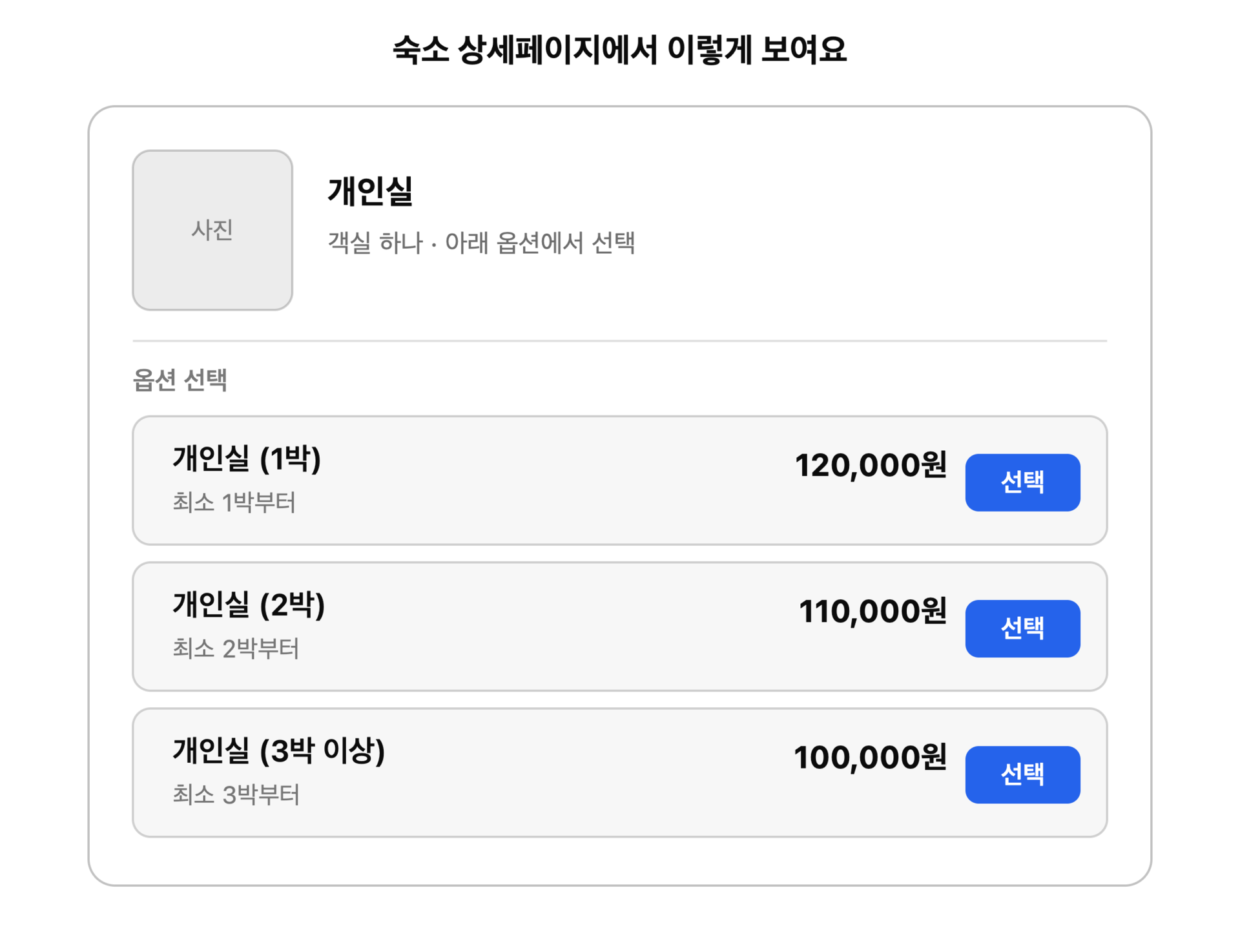 Example of how options appear on the accommodation detail page