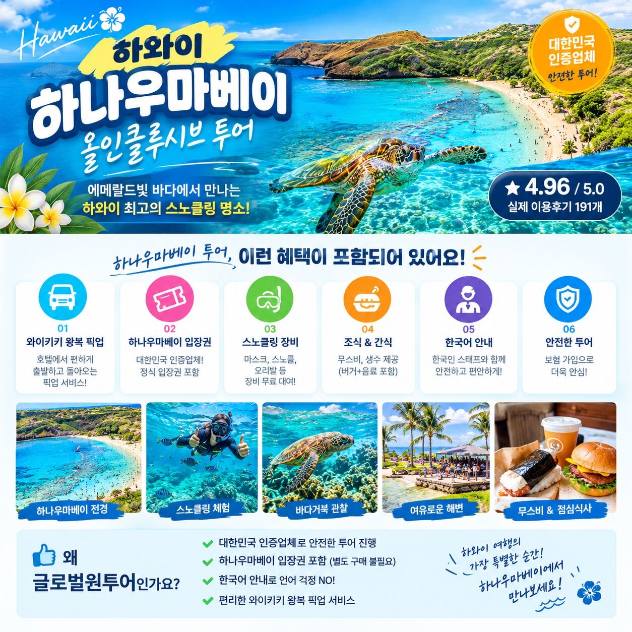 하나우마 베이 올인클루시브 패키지 (왕복픽업+장비대여+텐트+입장료+테디스버거 모두 포함) 상세 이미지 1